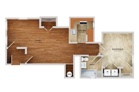 Floor plan for 1 bed, 1 bath, 600 sqft